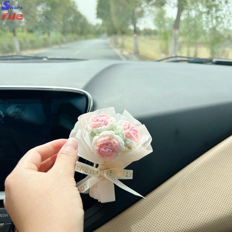 Crocheted floral car air vent clip, rose and sunflower, unique car accessory