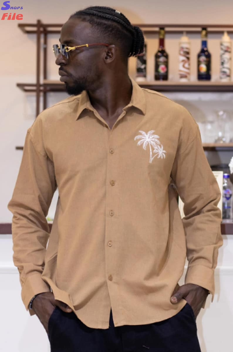 Beach Shirt, Men's Summer Beige Shirt, Oversize Men's Clothing, Hand Embroidered Men's Shirt