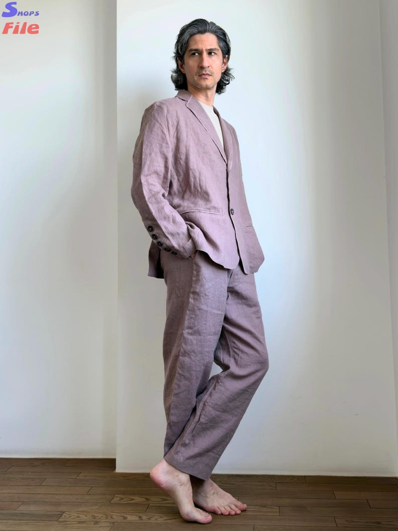 Dusty Lavender Linen Suit For Men - Custom Mens Linen Suit - Men Linen Suit with embroidery