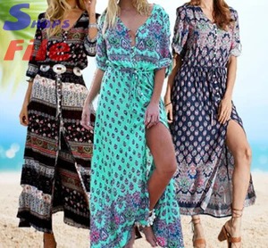 Women's Casual Sundress Boho Beach Slit Long Maxi Floral Summer Beach Dress