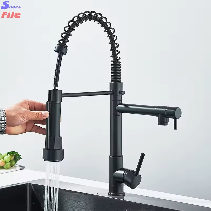 Rozin Black Spring Pull Down Kitchen Sink Faucet Deck Mounted Dual Spout Hot