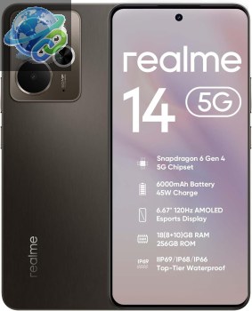 Smartphone realme 14 5G : 8 Go de RAM + 256 Go de ROM, processeur Snapdragon 6 Gen 4, écran AMOLED 120 Hz, batterie 6 000 mAh et charge rapide.